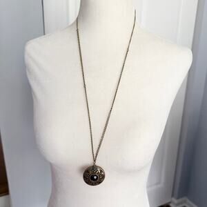 Black gold filigree distressed victorian long chain locket pendant necklace
